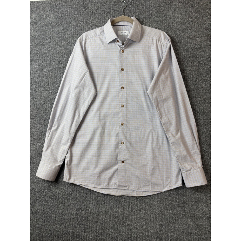 Eton Dress Shirt Mens 16.5/42 Blue Brown‎ Micro Check Contemporary Fit Cotton